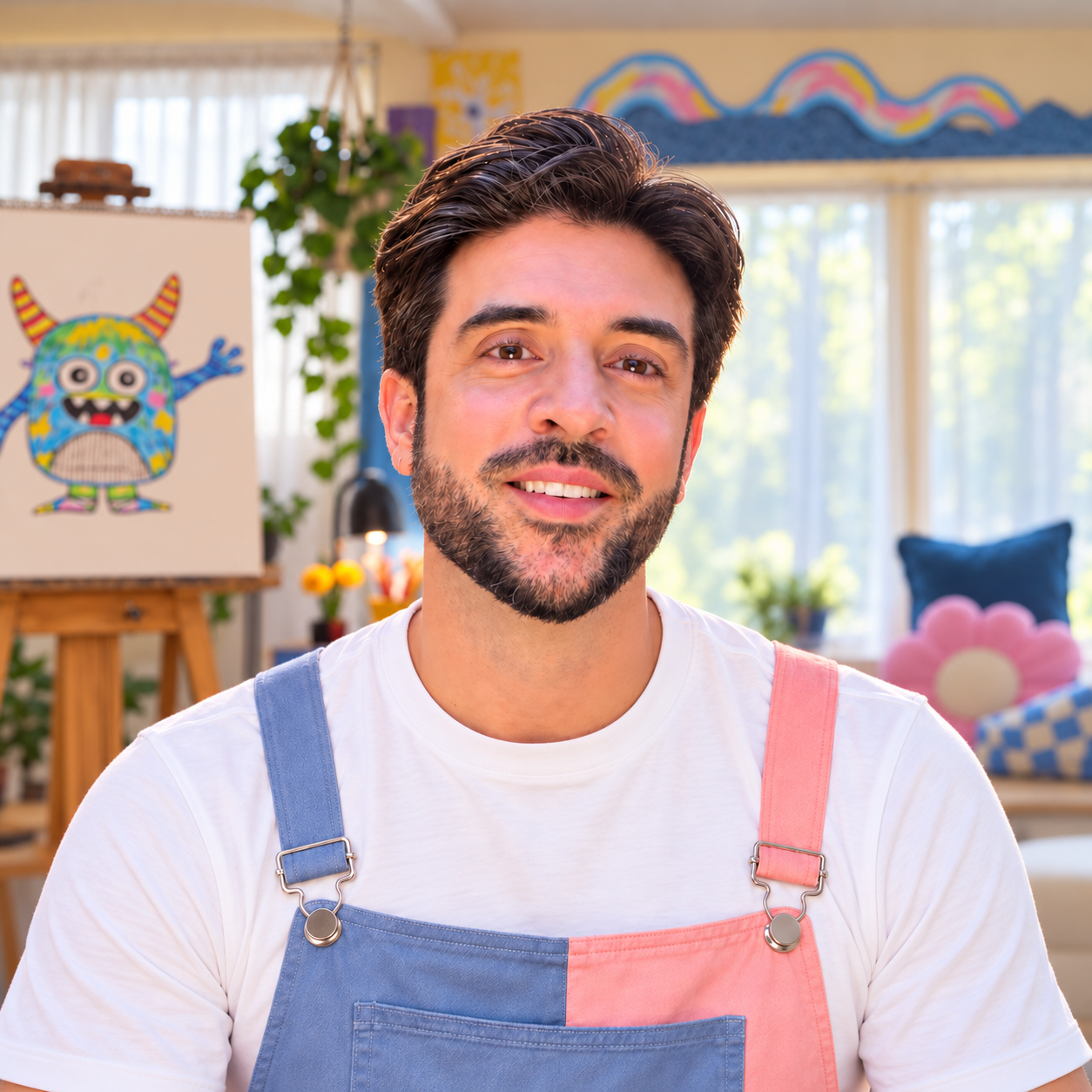 Mr. Richie in his blue-and-pink overalls, with his monster artwork in the studio